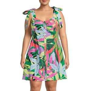 Terra & Sky Tropical Floral Button Down Tie Shoulder Dress 0X